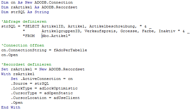 Datenermittlung per ADO